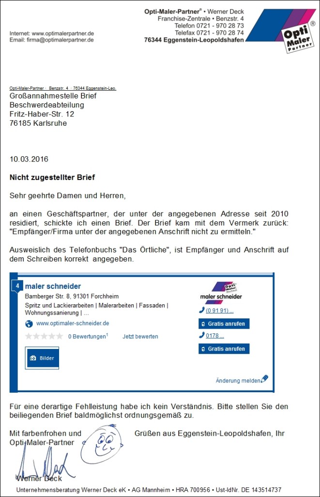 Können die Briefzusteller der "Deutschen Post" nicht lesen? Werner Deck • ehem. OptiMaler